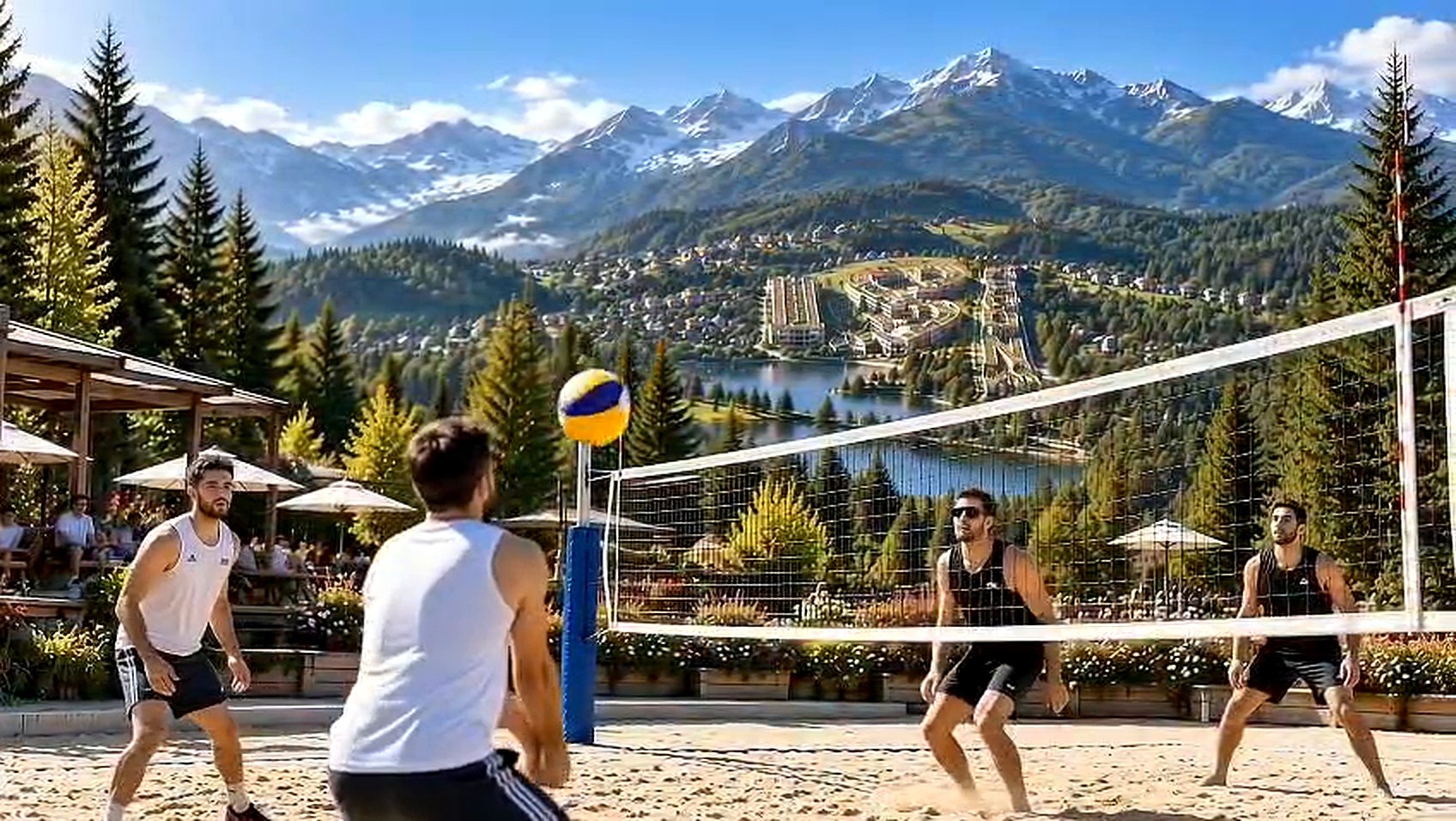 A beach volleyball match with mountains behind