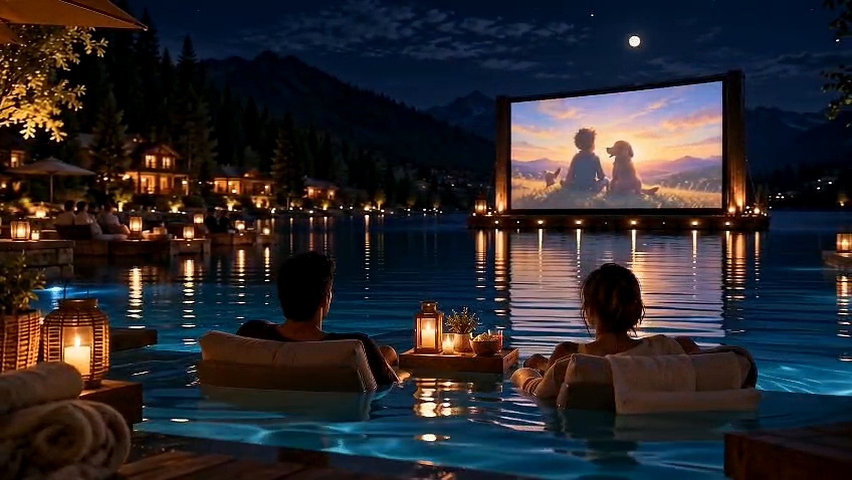 Guests watching an outdoor film from a pool at night