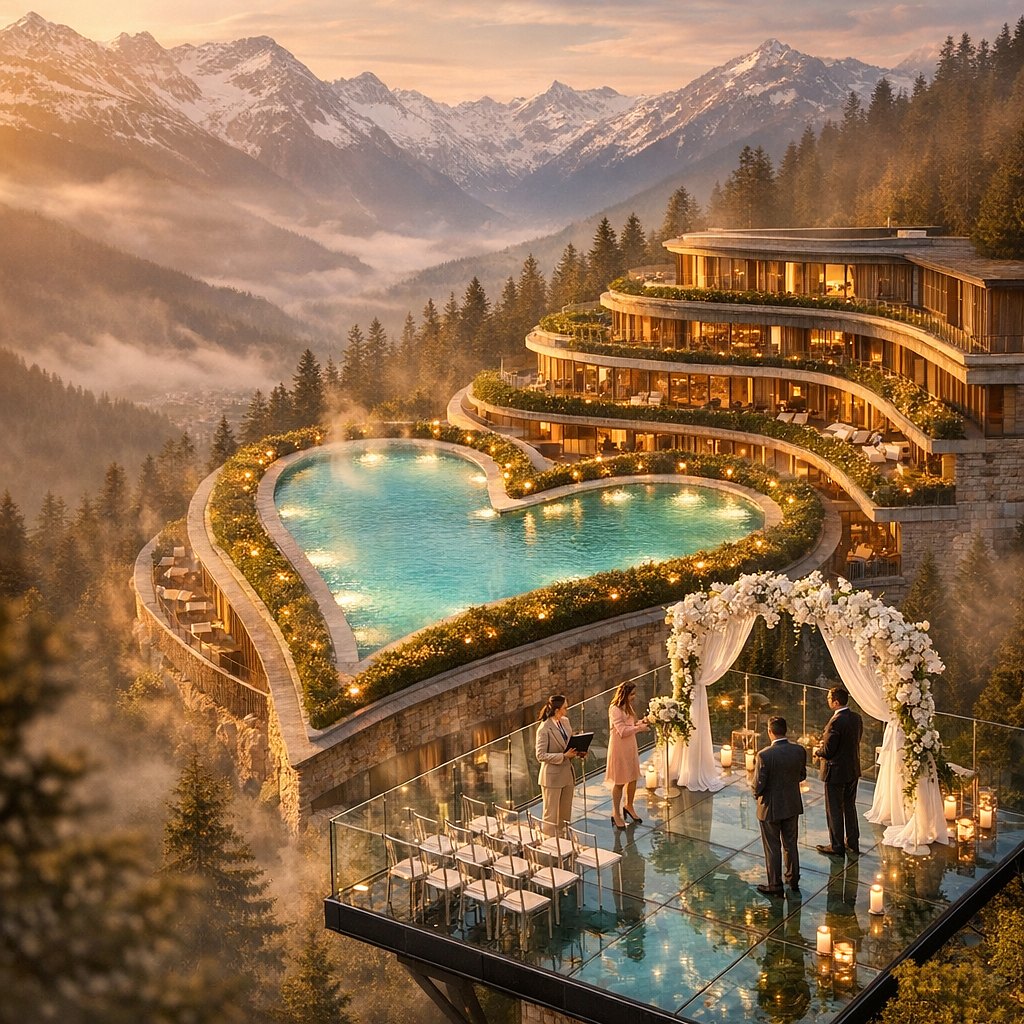 Heart-shaped pool and glass wedding terrace above a misty valley