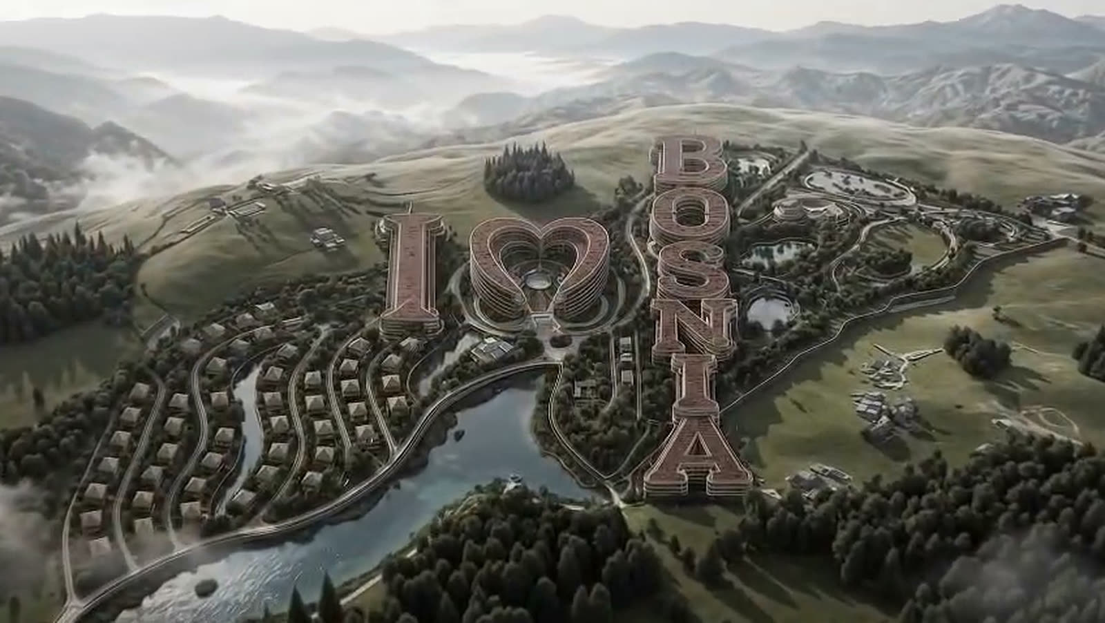 Aerial render of the full I LOVE BOSNIA masterplan at sunset