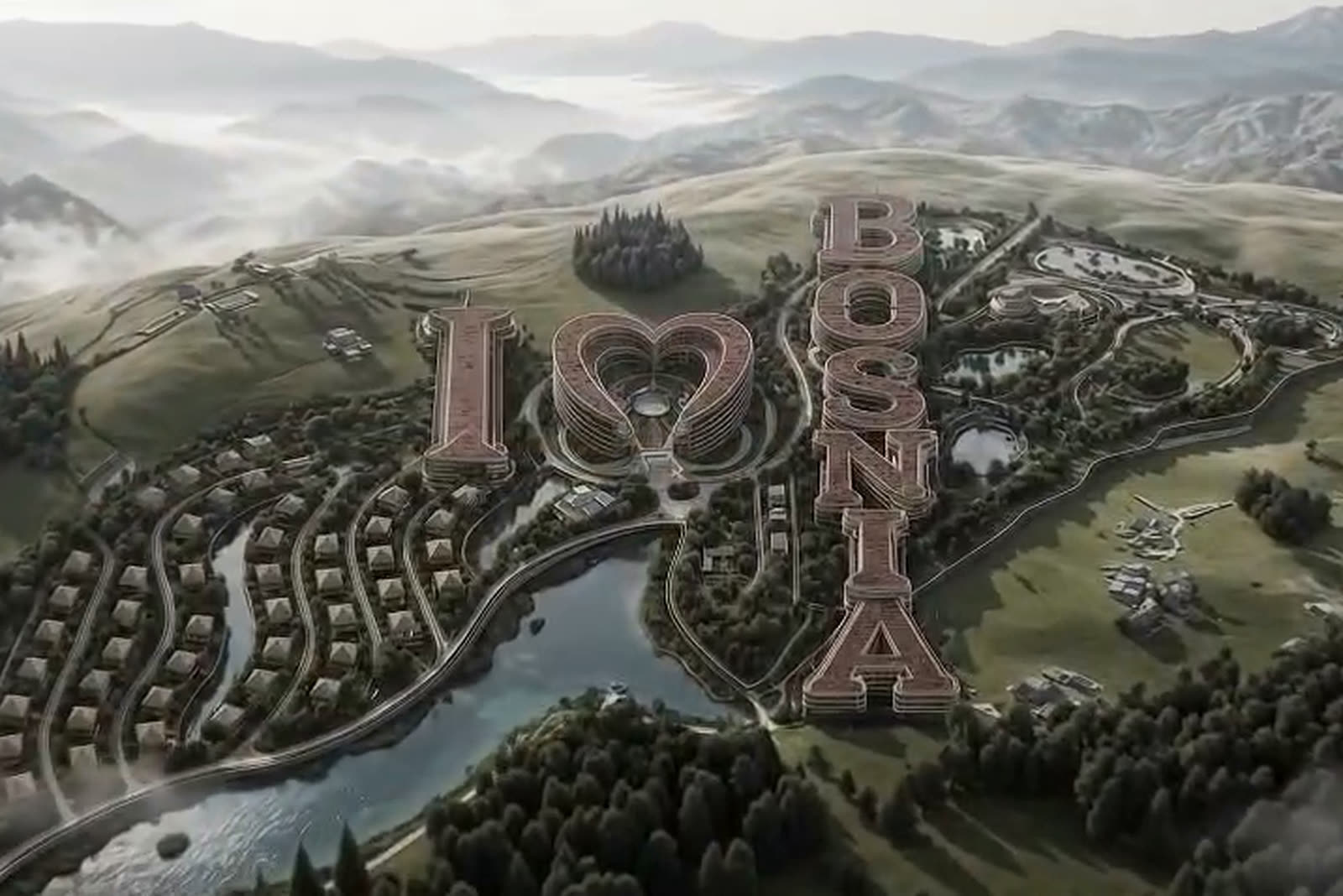 Render of the I LOVE BOSNIA masterplan on the same hillside